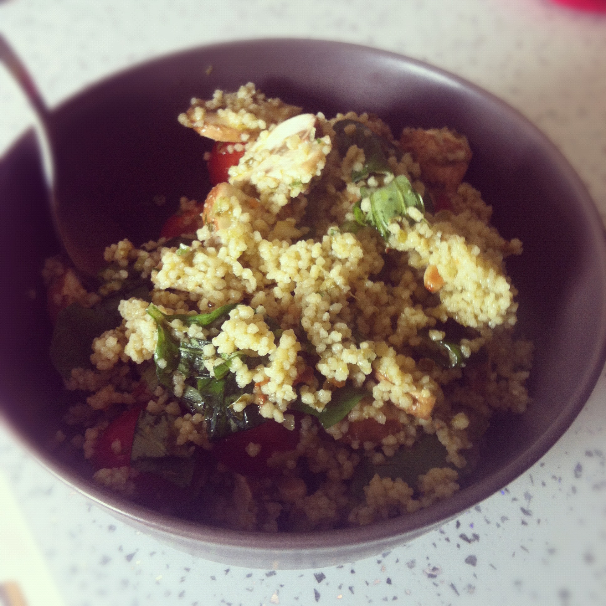 Pesto, pine nut, tomato and mushroom couscous